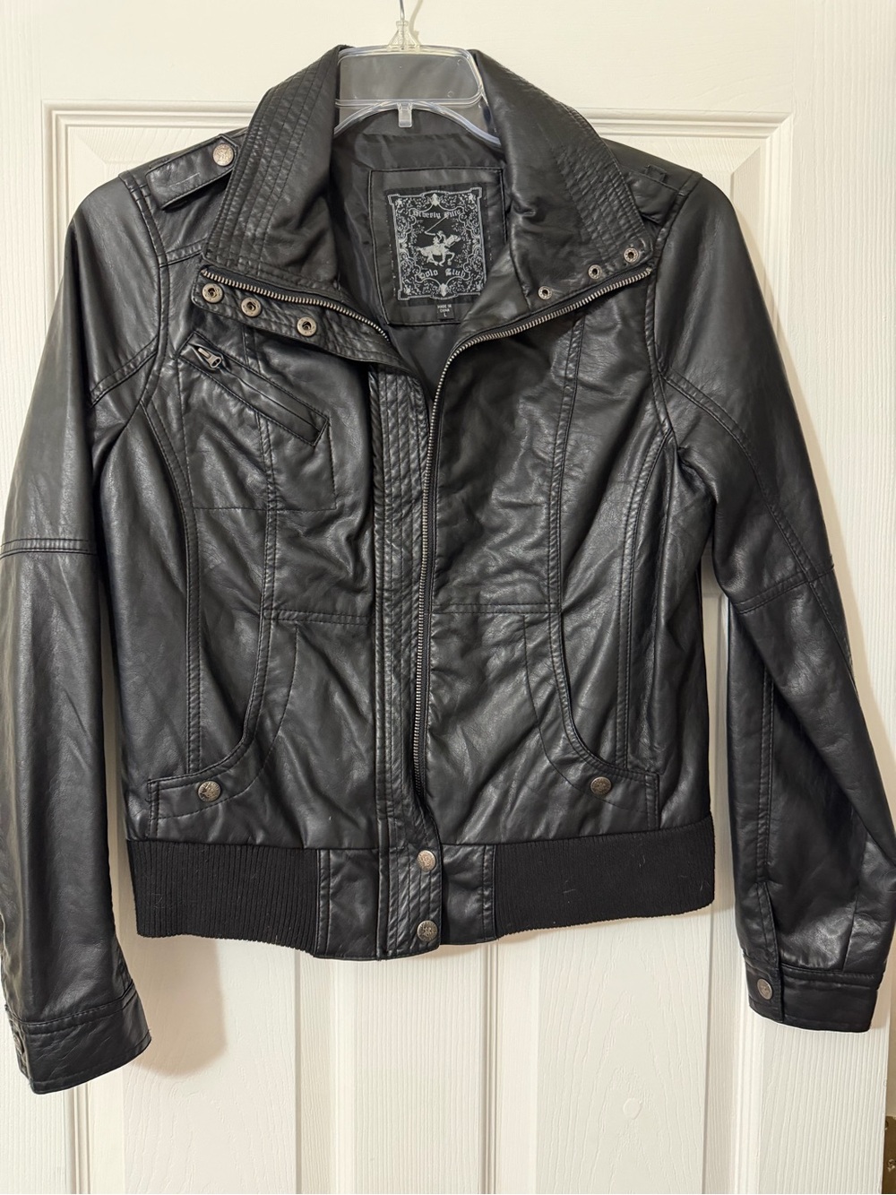 Women's Black Faux Leather Bomber Jacket
